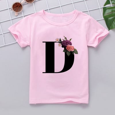 Nauji marškinėliai mergaitei Rožiniai rūbai Paaugliams Mergaičių marškinėliai Vaikiški abėcėlė Naujovė Spausdinti Mergaičių marškinėliai O formos iškirpte trumpomis rankovėmis