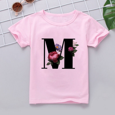 Nauji marškinėliai mergaitei Rožiniai rūbai Paaugliams Mergaičių marškinėliai Vaikiški abėcėlė Naujovė Spausdinti Mergaičių marškinėliai O formos iškirpte trumpomis rankovėmis