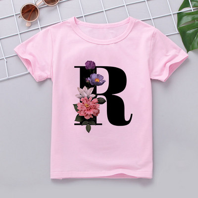 Nauji marškinėliai mergaitei Rožiniai rūbai Paaugliams Mergaičių marškinėliai Vaikiški abėcėlė Naujovė Spausdinti Mergaičių marškinėliai O formos iškirpte trumpomis rankovėmis