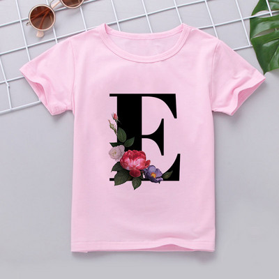 Nauji marškinėliai mergaitei Rožiniai rūbai Paaugliams Mergaičių marškinėliai Vaikiški abėcėlė Naujovė Spausdinti Mergaičių marškinėliai O formos iškirpte trumpomis rankovėmis