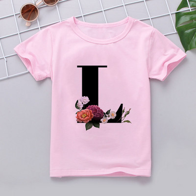 Nauji marškinėliai mergaitei Rožiniai rūbai Paaugliams Mergaičių marškinėliai Vaikiški abėcėlė Naujovė Spausdinti Mergaičių marškinėliai O formos iškirpte trumpomis rankovėmis