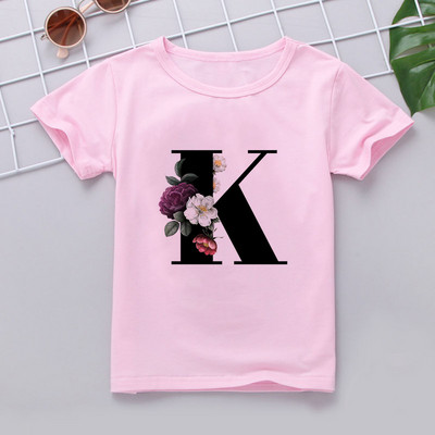 Nauji marškinėliai mergaitei Rožiniai rūbai Paaugliams Mergaičių marškinėliai Vaikiški abėcėlė Naujovė Spausdinti Mergaičių marškinėliai O formos iškirpte trumpomis rankovėmis