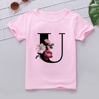 Nauji marškinėliai mergaitei Rožiniai rūbai Paaugliams Mergaičių marškinėliai Vaikiški abėcėlė Naujovė Spausdinti Mergaičių marškinėliai O formos iškirpte trumpomis rankovėmis