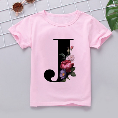 Nauji marškinėliai mergaitei Rožiniai rūbai Paaugliams Mergaičių marškinėliai Vaikiški abėcėlė Naujovė Spausdinti Mergaičių marškinėliai O formos iškirpte trumpomis rankovėmis