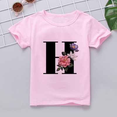 Nauji marškinėliai mergaitei Rožiniai rūbai Paaugliams Mergaičių marškinėliai Vaikiški abėcėlė Naujovė Spausdinti Mergaičių marškinėliai O formos iškirpte trumpomis rankovėmis