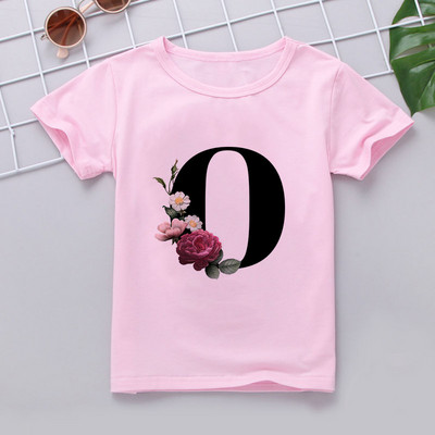 Nauji marškinėliai mergaitei Rožiniai rūbai Paaugliams Mergaičių marškinėliai Vaikiški abėcėlė Naujovė Spausdinti Mergaičių marškinėliai O formos iškirpte trumpomis rankovėmis