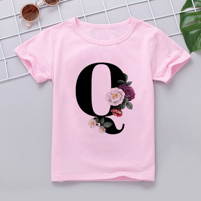 Nauji marškinėliai mergaitei Rožiniai rūbai Paaugliams Mergaičių marškinėliai Vaikiški abėcėlė Naujovė Spausdinti Mergaičių marškinėliai O formos iškirpte trumpomis rankovėmis