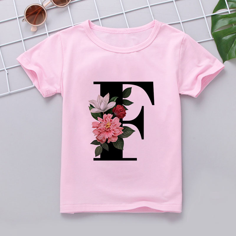 Nauji marškinėliai mergaitei Rožiniai rūbai Paaugliams Mergaičių marškinėliai Vaikiški abėcėlė Naujovė Spausdinti Mergaičių marškinėliai O formos iškirpte trumpomis rankovėmis