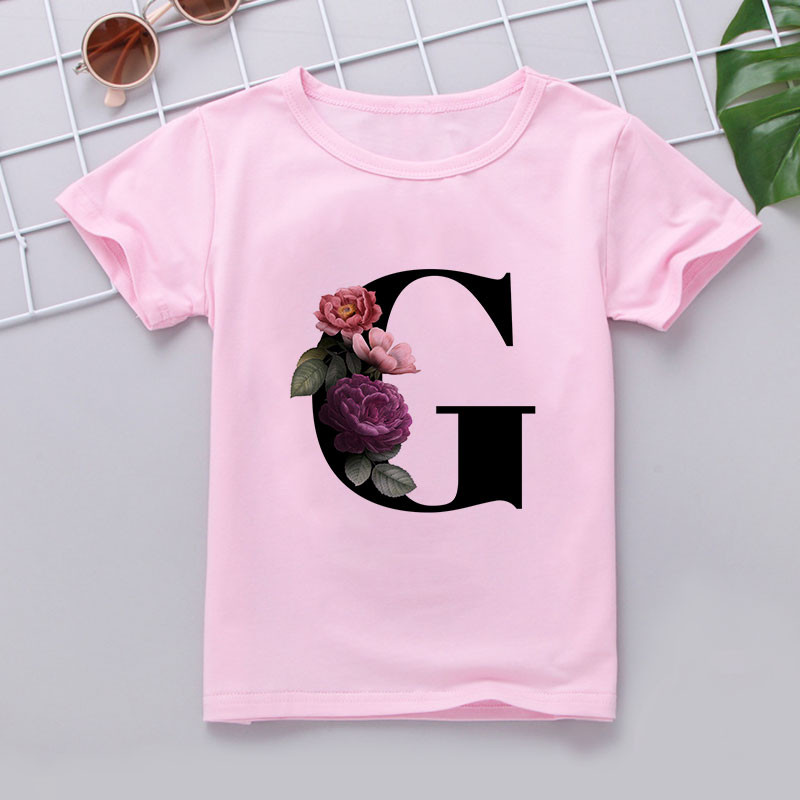 Nauji marškinėliai mergaitei Rožiniai rūbai Paaugliams Mergaičių marškinėliai Vaikiški abėcėlė Naujovė Spausdinti Mergaičių marškinėliai O formos iškirpte trumpomis rankovėmis