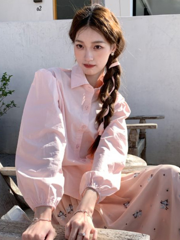 Košulja Ženska Proljetna Jednobojna Jednostavna Lanter rukava Elegantna Uredska Ženska Sve za sve Slatke Djevojke Estetska Popularna Slobodno vrijeme Ulzzang Ins