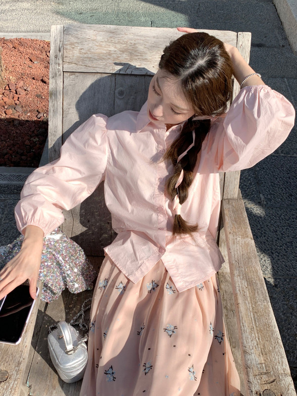 Košulja Ženska Proljetna Jednobojna Jednostavna Lanter rukava Elegantna Uredska Ženska Sve za sve Slatke Djevojke Estetska Popularna Slobodno vrijeme Ulzzang Ins