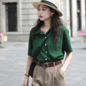 Moteriški marškiniai trumpomis rankovėmis, solidžios kišenės Рубашки Mujer Retro Basic Streetwear Design Prašmatnus Ulzzang Ins Populiarus vasaros plonas koledžas