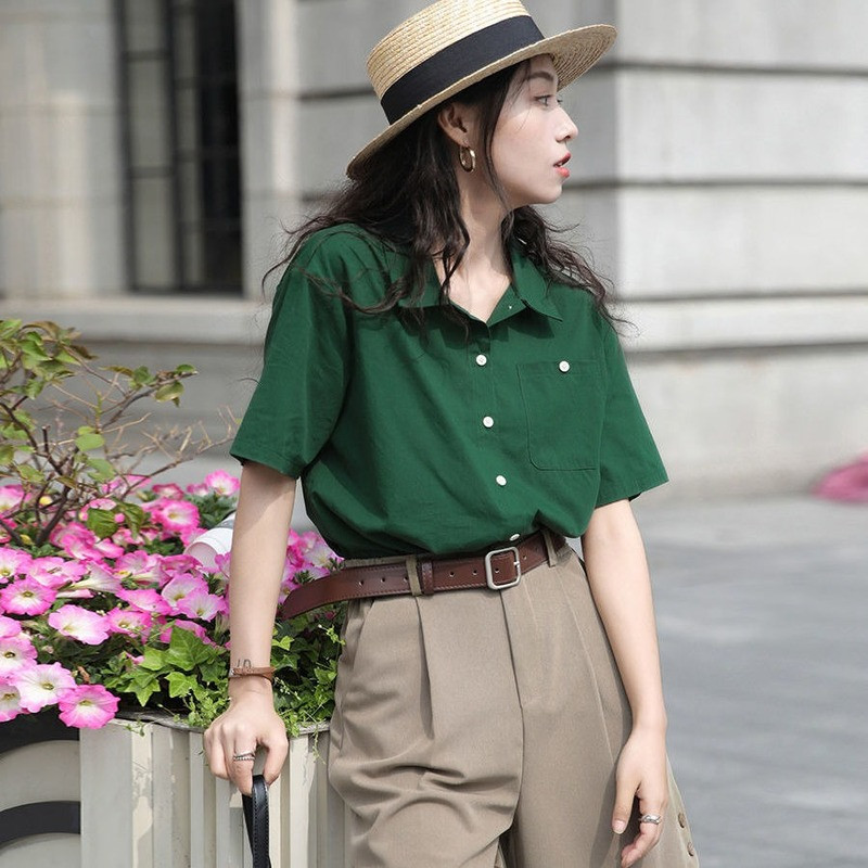 Moteriški marškiniai trumpomis rankovėmis, solidžios kišenės Рубашки Mujer Retro Basic Streetwear Design Prašmatnus Ulzzang Ins Populiarus vasaros plonas koledžas