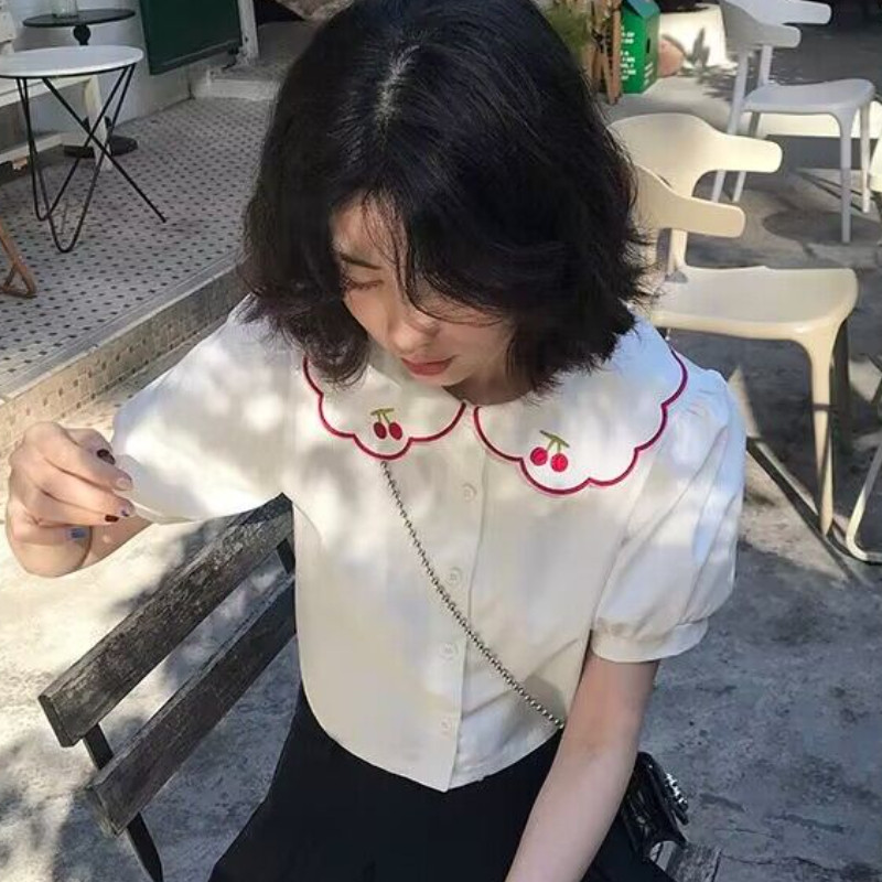 Moteriški vyšniniai marškinėliai, puikūs kasdieniai Harajuku vasaros mergaitiški korėjietiška versija Populiarus švelnus laisvas preppy stilius, senėjimą mažinantis vintažas