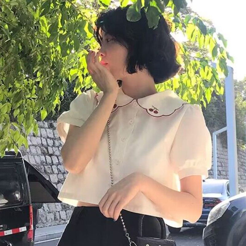 Moteriški vyšniniai marškinėliai, puikūs kasdieniai Harajuku vasaros mergaitiški korėjietiška versija Populiarus švelnus laisvas preppy stilius, senėjimą mažinantis vintažas