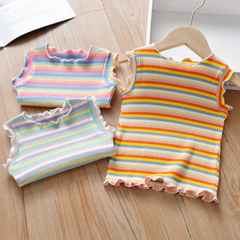 1-7 годишна жилетка за момичета 100% памук Детска лятна тениска Бебешко бельо с дъгови райета Малки тиранти Без ръкави Tide