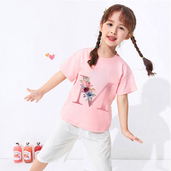 Нова розова цветна буква ABCD Детска тениска Kawaii Тениска Аниме Карикатури Ежедневни дрехи Детско момиче Момче Тениска с къс ръкав