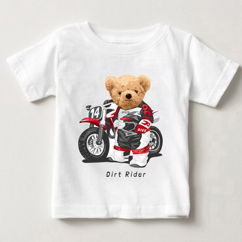 Забавно мече, яздещо мотоциклет Автомобилен печат Момчета и момичета Бяла тениска Детска лятна Harajuku Kawaii Забавни бебешки Y2K дрехи