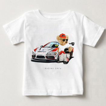 Забавно мече, яздещо мотоциклет Автомобилен печат Момчета и момичета Бяла тениска Детска лятна Harajuku Kawaii Забавни бебешки Y2K дрехи