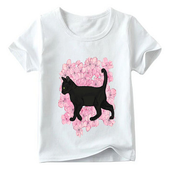 Детска забавна тениска с джобен принт на черна котка Детски летни горнища с къс ръкав Ежедневна тениска за момчета и момичета, ooo