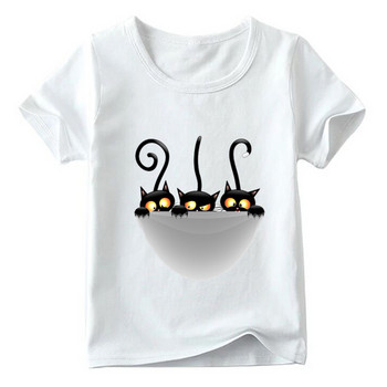 Детска забавна тениска с джобен принт на черна котка Детски летни горнища с къс ръкав Ежедневна тениска за момчета и момичета, ooo