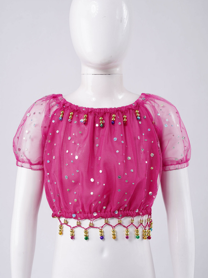 Lastele Tüdrukutele Kõhutantsutopid Võrgust lühikeste varrukatega Läikivad litrid Helmed Tutt India tants Crop Parimad laste esinemisriided