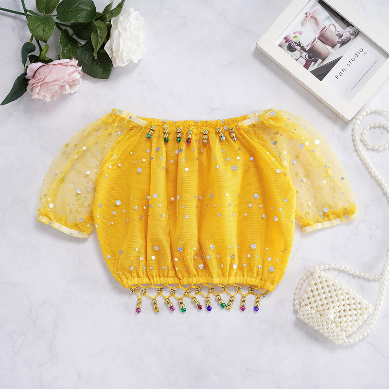 Lastele Tüdrukutele Kõhutantsutopid Võrgust lühikeste varrukatega Läikivad litrid Helmed Tutt India tants Crop Parimad laste esinemisriided