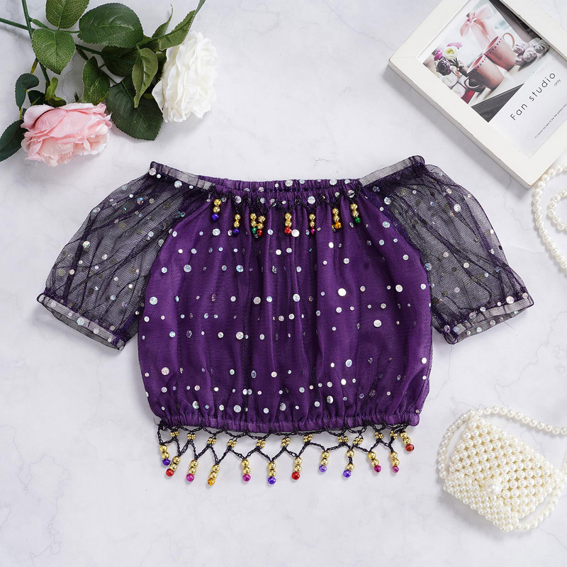 Lastele Tüdrukutele Kõhutantsutopid Võrgust lühikeste varrukatega Läikivad litrid Helmed Tutt India tants Crop Parimad laste esinemisriided