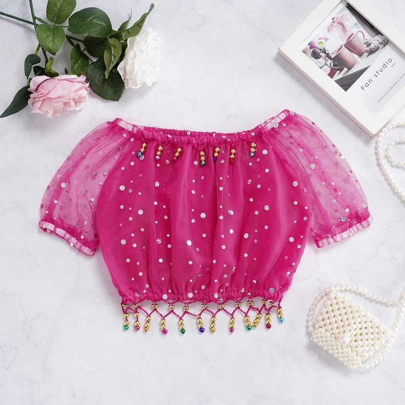 Lastele Tüdrukutele Kõhutantsutopid Võrgust lühikeste varrukatega Läikivad litrid Helmed Tutt India tants Crop Parimad laste esinemisriided