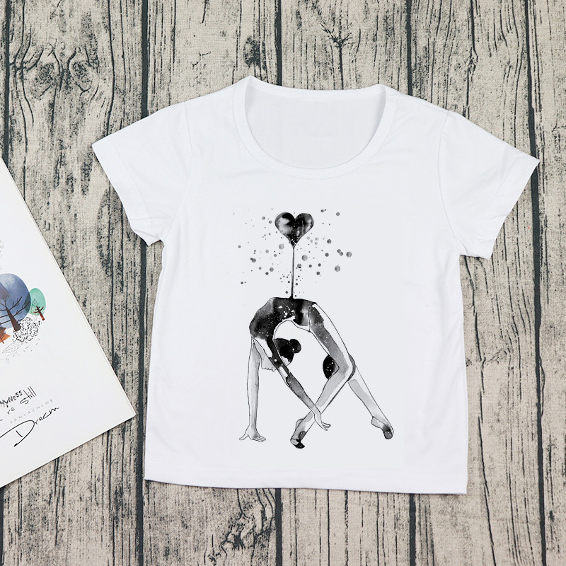 2021 Καλοκαιρινή ακουαρέλα χορεύτρια μπαλέτου με εκτύπωση Κορίτσι λευκό μπλουζάκι γυμναστική χορού Παιδική μπλούζα μωρού Παιδική καθημερινή μπλούζα