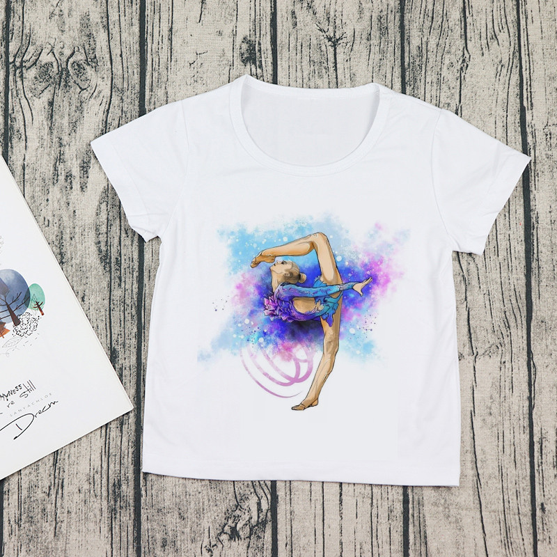 2021 Καλοκαιρινή ακουαρέλα χορεύτρια μπαλέτου με εκτύπωση Κορίτσι λευκό μπλουζάκι γυμναστική χορού Παιδική μπλούζα μωρού Παιδική καθημερινή μπλούζα