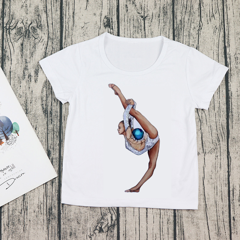 2021 Καλοκαιρινή ακουαρέλα χορεύτρια μπαλέτου με εκτύπωση Κορίτσι λευκό μπλουζάκι γυμναστική χορού Παιδική μπλούζα μωρού Παιδική καθημερινή μπλούζα