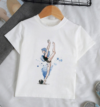 Лято 2021 Интересен акварел Балетна танцьорка с принт Момиче Бяла тениска Kawaii Gymnastics Dance Clothes Бебешки дрехи за момичета
