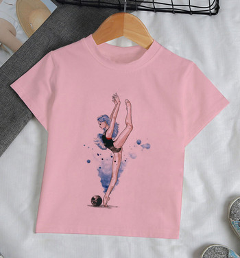 Лято 2021 Интересен акварел Балетна танцьорка с принт Момиче Бяла тениска Kawaii Gymnastics Dance Clothes Бебешки дрехи за момичета