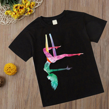 Ακουαρέλα μπλουζάκι γυμναστικής Νέα παιδική μπλούζα κοριτσιών Kawaii γυμναστική τέχνη Κορυφαίο μπλουζάκι Παιδικά ρούχα Κινούμενα σχέδια Μαύρα μπλουζάκια