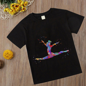 Тениска с акварелна гимнастика Нова детска тениска за момиче Kawaii gymnastics art Топ тениска Модни детски дрехи Карикатурни черни тениски