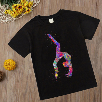 Tricou de gimnastică acuarelă Tricou nou pentru fete pentru copii Kawaii artă de gimnastică Top Tricou Moda Copii Haine Desene animate Tricouri negre