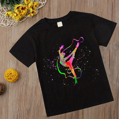 Tricou de gimnastică acuarelă Tricou nou pentru fete pentru copii Kawaii artă de gimnastică Top Tricou Moda Copii Haine Desene animate Tricouri negre