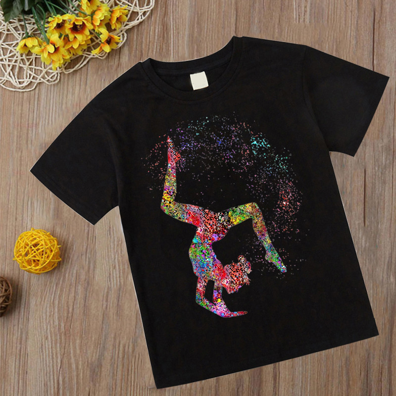 Tricou de gimnastică acuarelă Tricou nou pentru fete pentru copii Kawaii artă de gimnastică Top Tricou Moda Copii Haine Desene animate Tricouri negre