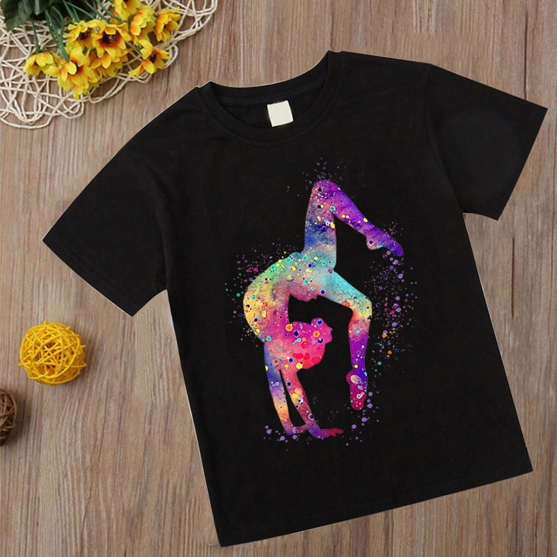 Tricou de gimnastică acuarelă Tricou nou pentru fete pentru copii Kawaii artă de gimnastică Top Tricou Moda Copii Haine Desene animate Tricouri negre