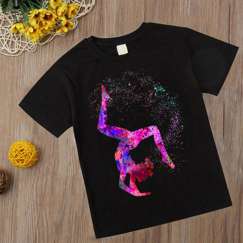 Tricou de gimnastică acuarelă Tricou nou pentru fete pentru copii Kawaii artă de gimnastică Top Tricou Moda Copii Haine Desene animate Tricouri negre