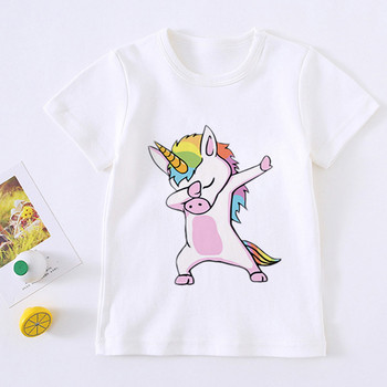 Модна сладка тениска за момиче с еднорог Детска тениска Rainbow Horse Cartoon Детска тениска Harajuku Корейски дизайн с кръгло деколте Тениска за бебе момче