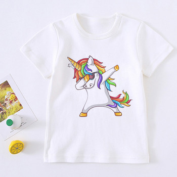 Модна сладка тениска за момиче с еднорог Детска тениска Rainbow Horse Cartoon Детска тениска Harajuku Корейски дизайн с кръгло деколте Тениска за бебе момче