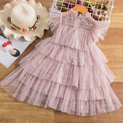 Gaun Putri Merah Muda Berkilau Gadis Gaun Berkibar Peri Lucu Kostum Tulle Pesta Ulang Tahun Anak-anak Pakaian Kasual Anak Perempuan 3-8 Y