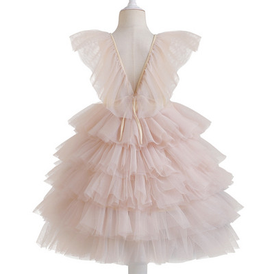 Djevojka Čipkana cvjetna haljina Ljeto u boji šampanjca, kratkih rukava s volanima, sloj za plažu, tkanina od tila, Dječje vjenčanje, rođendanska zabava, kostim princeze