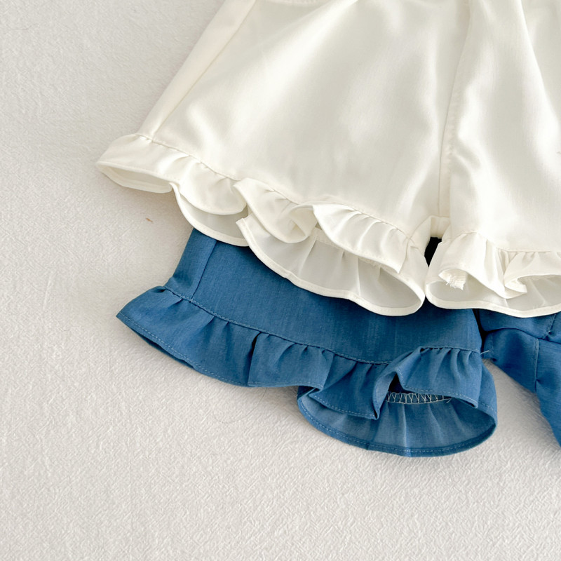 Nyári új csecsemő fodros farmer rövidnadrág lány baba divat zsebek vékony farmer Gyermekek tömör alkalmi nadrágok gyerek pamut bő nadrágok