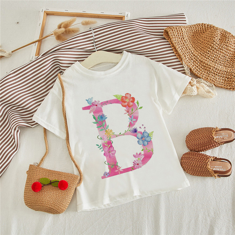 Îmbrăcăminte pentru copii mici Tricou cu alfabet roz de modă Tricou pentru fete Harajuku Tricou retro pentru băiat Element de flori Tricou pentru copii cu gât rotund