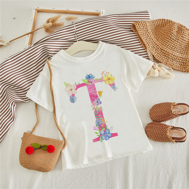 Îmbrăcăminte pentru copii mici Tricou cu alfabet roz de modă Tricou pentru fete Harajuku Tricou retro pentru băiat Element de flori Tricou pentru copii cu gât rotund