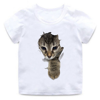 Παιδικό αστείο 3d μπλουζάκι γάτα για αγόρι κορίτσι Ζώο με κοντομάνικο στρογγυλό λαιμό, μαλακό βαμβακερό μπλουζάκι, Ποιοτικό λευκό, καθημερινό μπλουζάκι