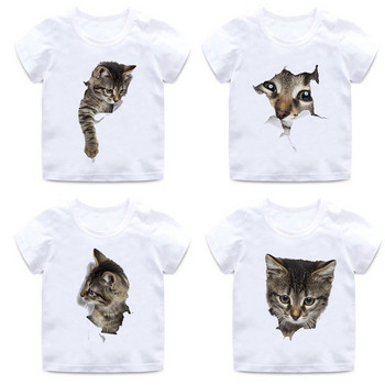 Детска забавна 3d тениска с котка, момче, момиче, животно, памучна мека тениска с къси ръкави и кръгло деколте, качествена бяла ежедневна тениска
